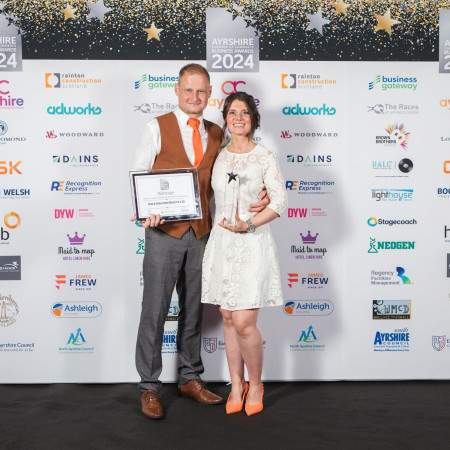 John and Natalie Anderson of Ralston Contracts with their award at the 2024 Ayrshire Chamber awards
